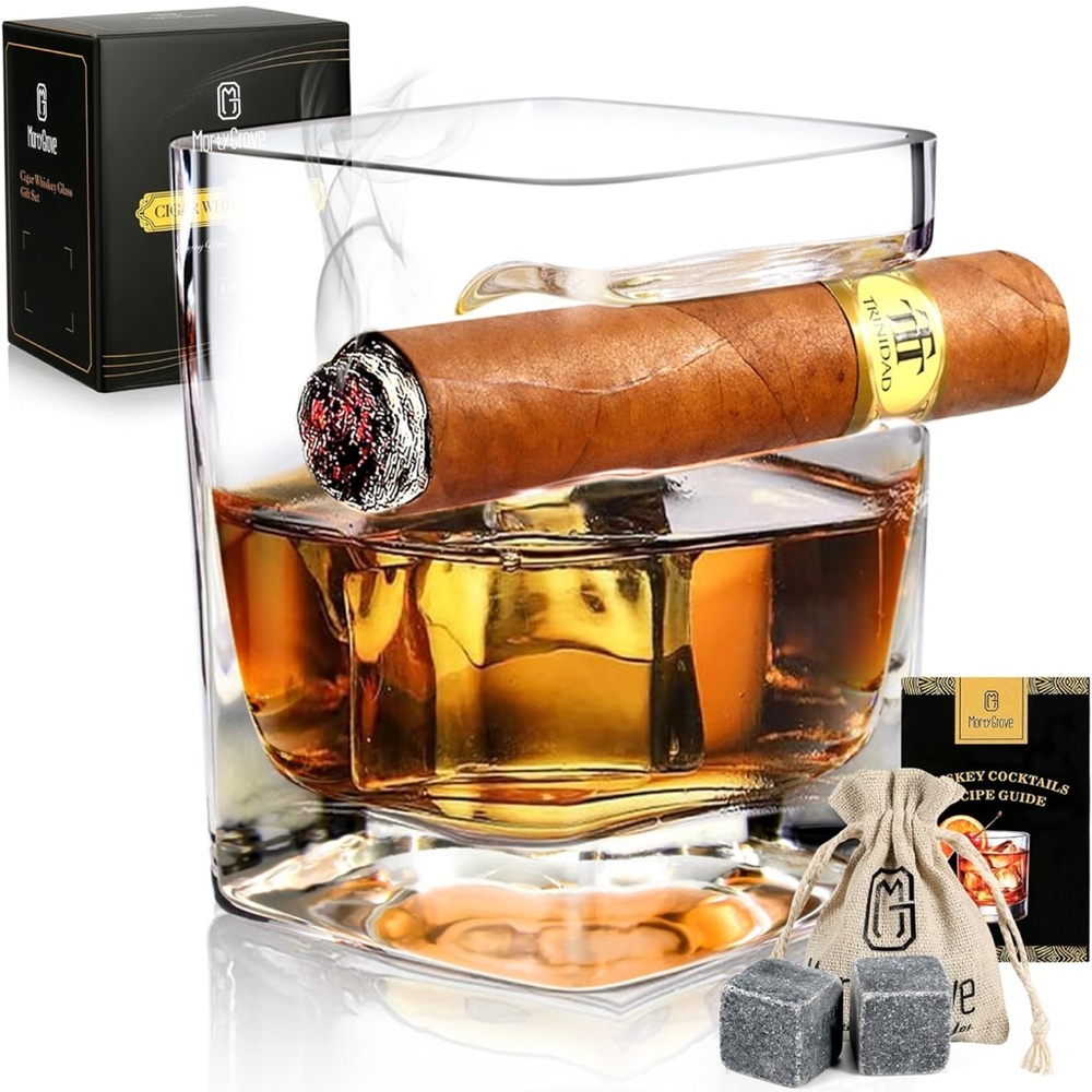Amazon Whiskey Glass with Cigar Holder - Clear and Brown